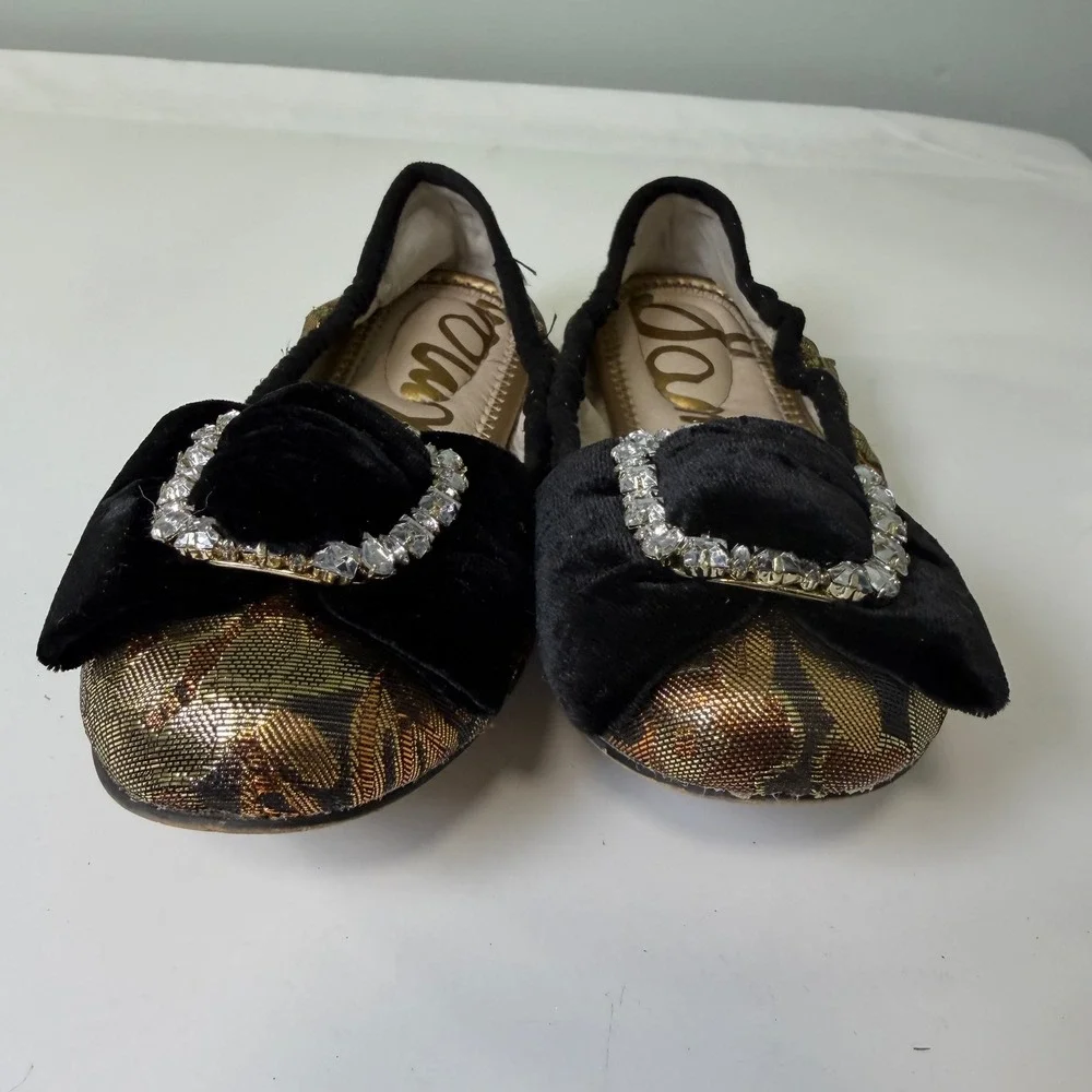 Sam Edelman Farah Kids Gold Floral Brocade Ballet Flats Velvet Bow Rhinestone 3M
